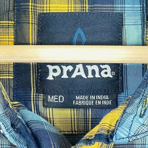 Prana Active Blue Gold Plaid Short‎ Sleeve Button Front Top Shirt Mens Medium - Picture 6 of 7